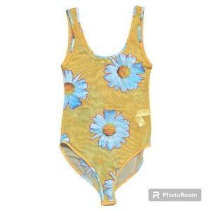 Zara Yellow Daisy Print Mesh Tank Top One Piece Bodysuit Size Small